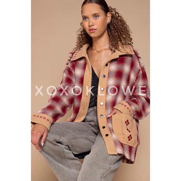 POL Jackets & Blazers - POL Red Plaid + Sherpa Embroidered Oversized Southwestern Jacket.